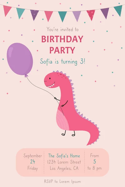 Convite Aniversário Dinossauro Bonito Desenhado Mão Com Balão Cartaz Infantil — Vetor de Stock