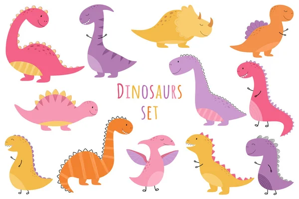 Conjunto Chicas Dinosaurios Lindos Dibujado Mano Dinosaurios Rosa Amarillo Naranja — Archivo Imágenes Vectoriales