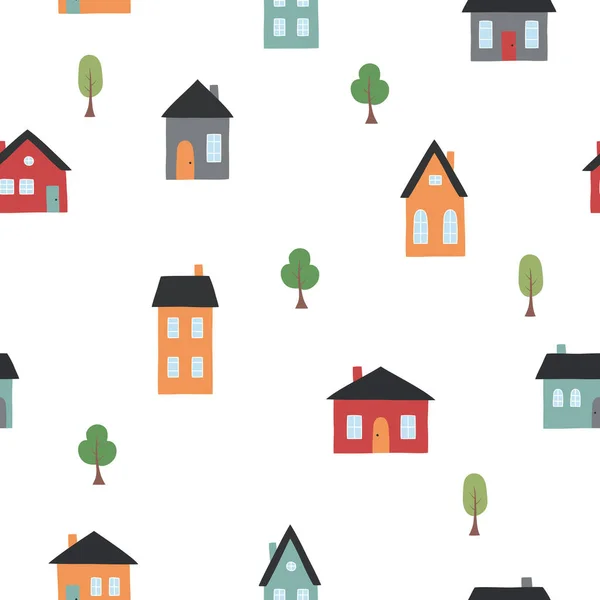 Handgezeichnete Niedliche Häuser Und Bäume Flachen Stil Nahtloses Muster Vektorillustration — Stockvektor