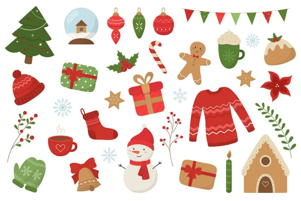 Set Navidad Lindos Elementos Temporada Estilo Plano Ilustración Vectorial — Vector de stock