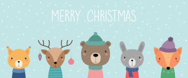 İçinde Noel hayvanları olan bir kartpostal. Mutlu noeller. Sincap, geyik, ayı, tavşan, tilki. Örgü şapkalar ve eşarplar içinde sevimli hayvanlar. Vektör illüstrasyonu