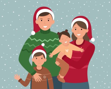 Mutlu yıllar ve mutlu Noeller. Noel 'de mutlu bir aile. Düz bir şekilde vektör illüstrasyonu