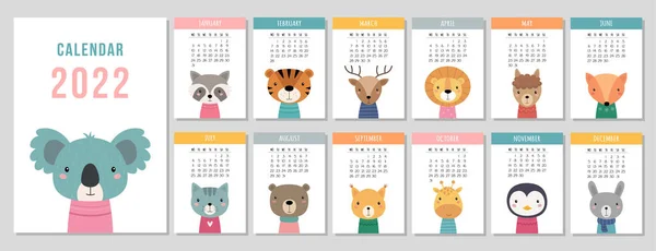 Kalendarz Rok 2022 Słodkie Zwierzęta Okładka Miesięcznych Stron Tydzień Zaczyna — Wektor stockowy