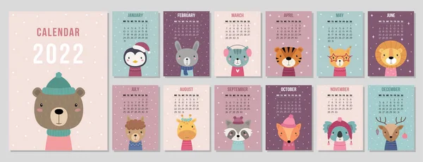 2022年のA4カレンダー かわいい漫画動物 12ヶ月分のカバー 週は月曜日に始まります ベクターイラスト — ストックベクタ