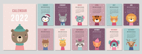 A4 calendar for 2022. Cute cartoon animals. Cover for 12 monthly pages. The week starts on Monday. Vector illustration.