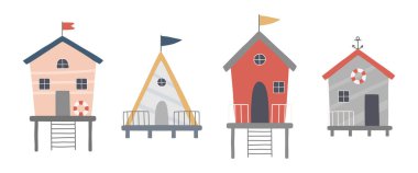 Bir dizi şirin sahil evi. Vektör illüstrasyonu