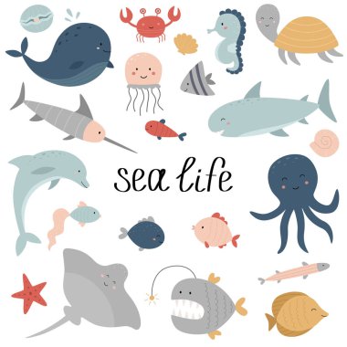 Bir grup okyanus sakini. Deniz hayatı. Balina, kılıç balığı, kaplumbağa, deniz atı, vatoz, yunus, köpekbalığı, denizanası, balık, kabuk, yengeç, inci, ahtapot, denizyıldızı. Vektör illüstrasyonu