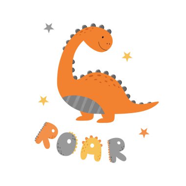 Şirin dinozorlu bir poster. Çocuklar için bir kart. Vektör çizimi. Kükre