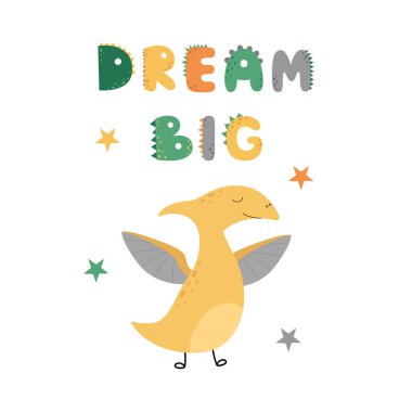 İçinde şirin bir pterodactyl dinozor olan bir kart. Çocuklar için vektör illüstrasyonu. Büyük düşün.