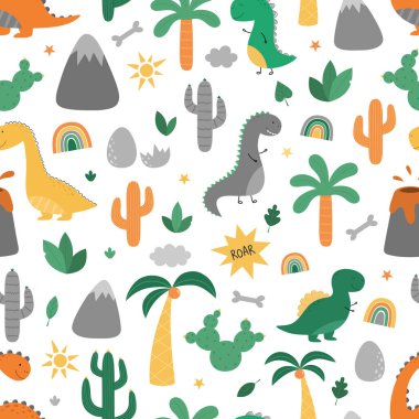 Dinozorlar ve doğal elementlerle kusursuz bir düzen. Çizgi film tarzında komik bir dino. Vektör çizimi. Kumaş, duvar kâğıdı ve ambalaj kağıdı basmak için uygun