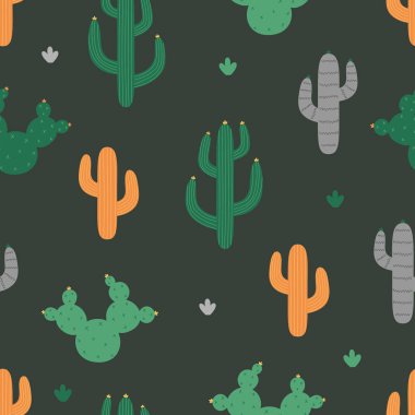 Kaktüslü kusursuz desen. Turuncu, yeşil, koyu arkaplanda gri kaktüs. Kumaş, duvar kağıdı ve ambalaj kağıdı üzerine yazma için vektör illüstrasyonu