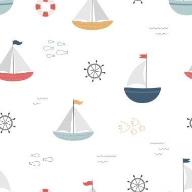 Kusursuz deniz şablonu. Yelkenli, direksiyon, can simidi, balık. Vektör illüstrasyonu