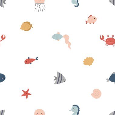Kusursuz deniz motifi. Şirin balık, denizyıldızı, deniz kabuğu, denizanası, yengeç, deniz atı. Vektör illüstrasyonu