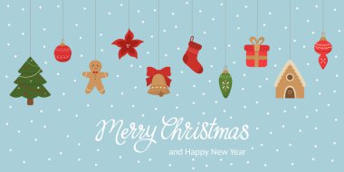 Noel ve Yeni Yıl tebrik kartı. İpte Noel oyuncakları. Zencefilli kurabiye evi, hediye, çorap, zil, zencefilli kurabiye adam, Noel ağacı. Vektör illüstrasyonu