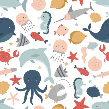 Beyaz bir arka planda kusursuz bir deniz motifi. Su altı dünyası. Yunus, köpekbalığı, balina, kılıç balığı, denizatı, denizanası, ahtapot, yengeç, balık, denizyıldızı, kabuk. Vektör illüstrasyonu