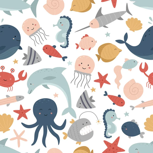 Seamless marine pattern on a white background. Underwater world. Dolphin, shark, whale, swordfish, seahorse, jellyfish, octopus, crab, fish, starfish, shells. Vector illustration