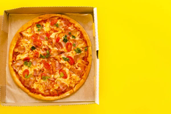 Açık sarı arka planda izole edilmiş lezzetli pepperonili pizza vardı. Dilimlenmiş pizza salamı. Dilimlenmiş pizza pepperonisinin üstünde. Fast food, abur cubur konsepti. Kopyalama alanı olan pankart.
