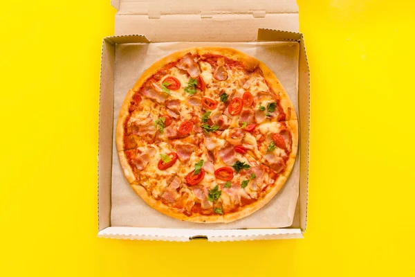 Açık sarı arka planda izole edilmiş lezzetli pepperonili pizza vardı. Dilimlenmiş pizza salamı. Dilimlenmiş pizza pepperonisinin üstünde. Fast food, abur cubur konsepti. Kopyalama alanı olan pankart.