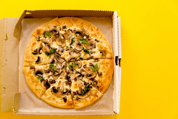 Dümdüz, parlak sarı arka planda izole edilmiş mantarlı lezzetli pizzalar vardı. Fast food, abur cubur konsepti. Kopyalama alanı olan pankart.