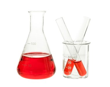 red solution in flask and test tube 