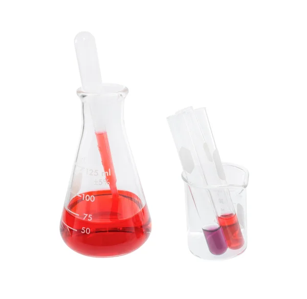 Solução vermelha conta-gotas em frasco e tubo de ensaio — Fotografia de Stock