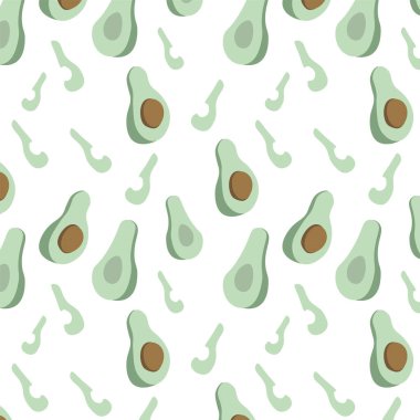 Kusursuz desen. Basit bir arka planda avokado. Elle çizilmiş düz vektör iilüstrasyonu. Beyaz arka planda izole edilmiş. Ağ, ambalaj, ana dekorasyon için.