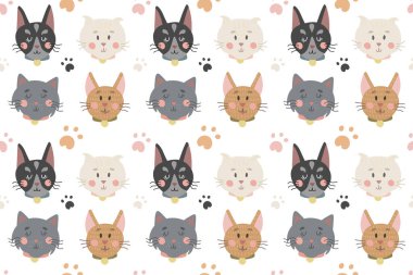 Pençeli kedi desenli farklı türler. Şirin çizgi film hayvanlarının şirin bebek dekorasyonu. Beyaz arkaplanda vektör resmi izole edildi