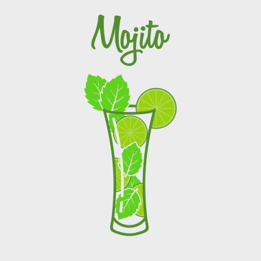 Mojito klasik kokteyl renkli web simgesi beyaz zemin üzerinde. Vektör çizim. Poster, menü veya logo için tasarım öğesi