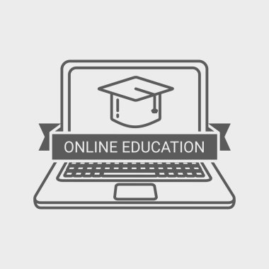 Dizüstü bilgisayar ve harç kurulu ile online eğitim logosu, etiket veya rozeti şablonu