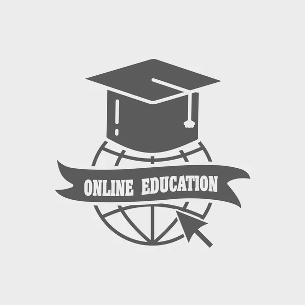 Logotipo de educación en línea, etiqueta o concepto de placa. Tierra globo y tablero de mortero sobre fondo blanco — Vector de stock