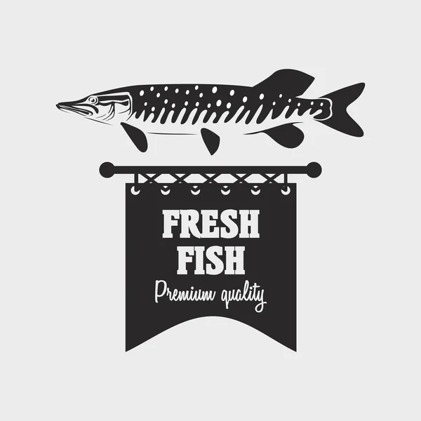 Timbro pesce fresco stile vintage, logo o etichetta modello di design. Può essere utilizzato per manifesti di design, volantini o carte, menu — Vettoriale Stock