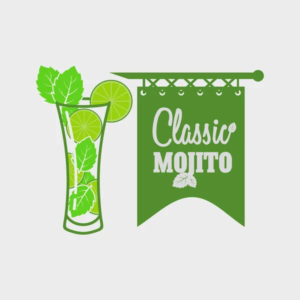 Διάνυσμα λογότυπο ή ετικέτα πρότυπο με κοκτέιλ Mojito με φύλλα μέντας και καλαμάκια. Μπορούν να χρησιμοποιηθούν για το σχεδιασμό μενού, φέιγ βολάν, αφίσες — Διανυσματικό Αρχείο
