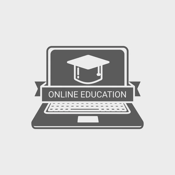 Logo éducatif en ligne avec ordinateur portable et panneau de mortier. Modèle d'étiquette, de signe ou d'insigne. Élément de conception sur fond blanc — Image vectorielle