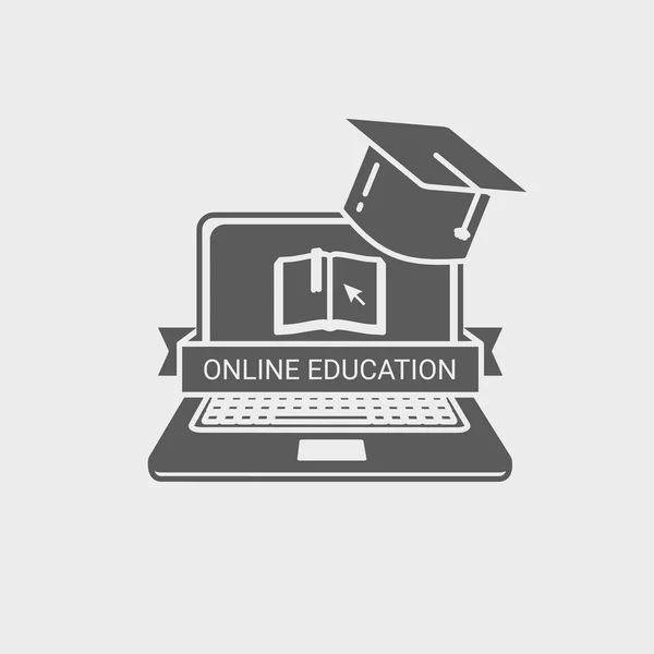 Logo d'éducation en ligne, signe ou concept de conception d'étiquette avec ordinateur portable, livre, et panneau de mortier. Élément de conception sur fond blanc — Image vectorielle