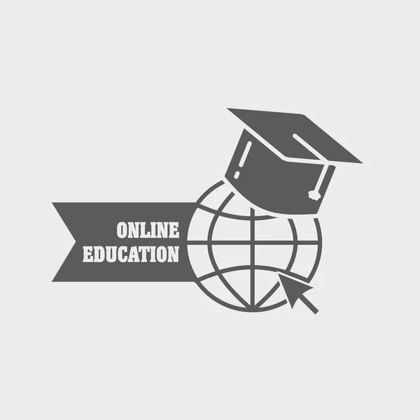 Logo, étiquette ou badge éducatif en ligne avec globe terrestre et panneau de mortier — Image vectorielle