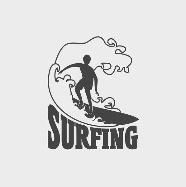 Surfschule Logo, Etikett oder Zeichen Design-Vorlage mit Welle und Mann auf Surfbrett — Stockvektor