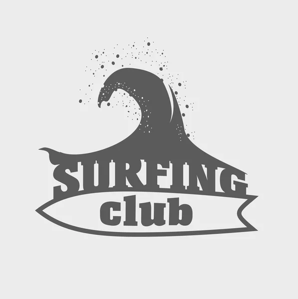 Logo des Surfclubs, Etikett oder Schild mit Welle und Surfbrett — Stockvektor