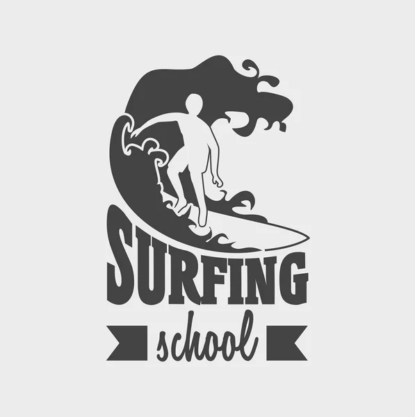 Surfschullogo oder Etikettenschablone mit Mann auf Surfbrett. kann für T-Shirt, Aufkleber, Visitenkarte verwendet werden — Stockvektor