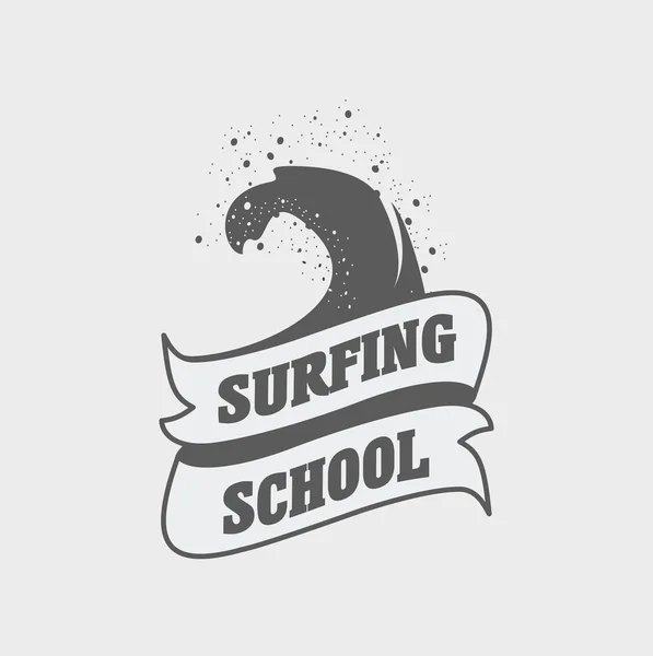 Surfschule Logo, Etikett oder Zeichen Design-Vorlage mit Welle und Band — Stockvektor