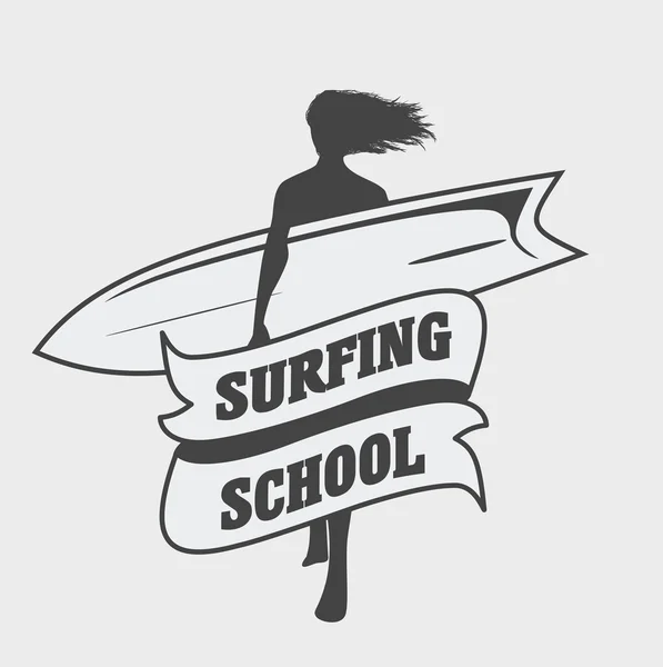 Logo der Surfschule oder Labelvorlage mit Mädchen mit Surfbrett. kann für T-Shirt, Aufkleber, Visitenkarte verwendet werden — Stockvektor