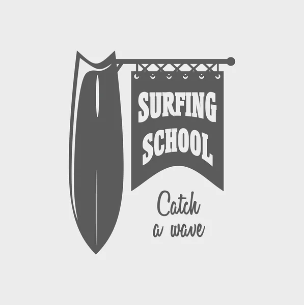 Surfschule Logo, Emblem oder Labeldesign-Vorlage mit Surfbrett — Stockvektor