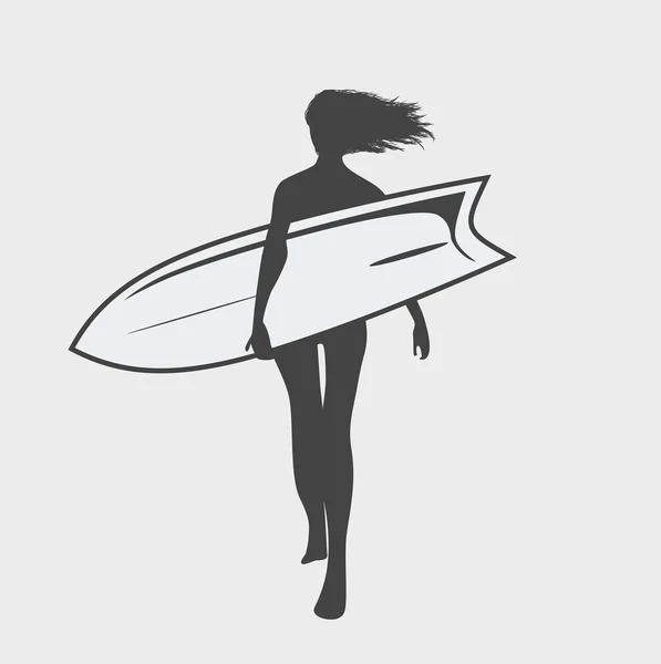 Bir kızla bir sörf tahtası silüeti. Siyah ve beyaz — Stok Vektör