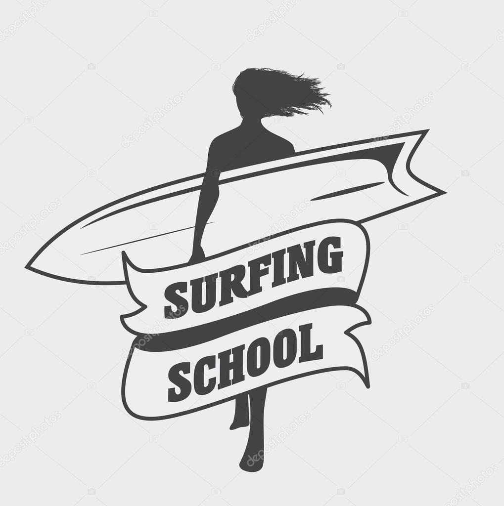 Surfing school logo or label template with girl with surfboard. Can be used for t-shirt, sticker, business card