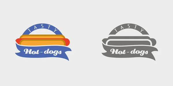 Hotdog odznaka, etykiet, logo lub ikony projektowanie szablonów. Monochromatyczna i kolorowa — Wektor stockowy