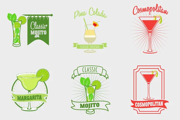 Set de mojito, margarita, piña colada y cocteles cosmopolitas logos, etiquetas y bebidas — Archivo Imágenes Vectoriales