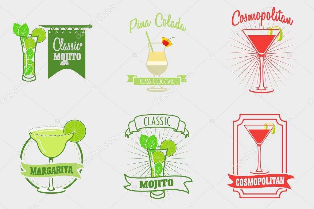 Set of mojito, margarita, pina colada and cosmopolitan cocktails logos, labels and bages