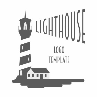 Deniz feneri ile logo, işaret veya etiket tasarım şablonu. Siyah beyaz vektör çizimi