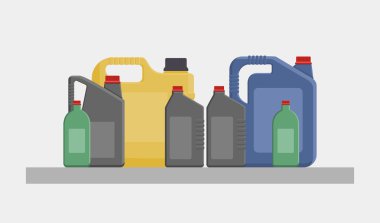 Vector flat illustration of different canisters and bottles with engine or motor oil isolated on white background. clipart