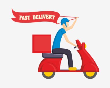 Teslimatçı kurye işçisi scooter sürüyor. Beyaz arka planda yalıtılmış vektör çizimi