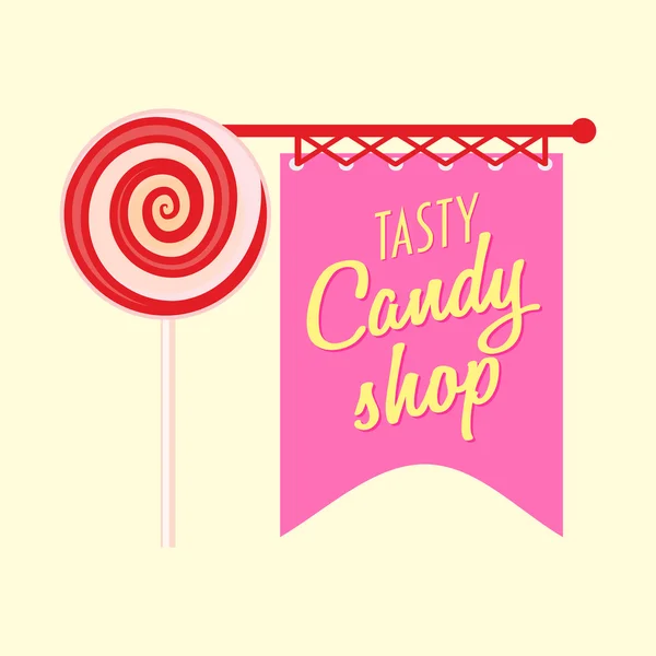 Candy Shop eller Store logotyp, etikett eller Badge designmall med Lollipop. — Stock vektor